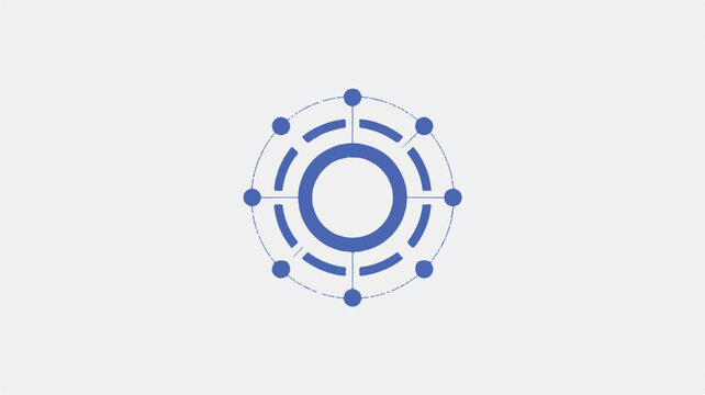Blue circular network diagram with connected nodes and lines on light gray background