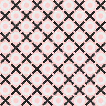 A seamless vector pattern featuring a geometric XO design in pink, grey, and black on a light background