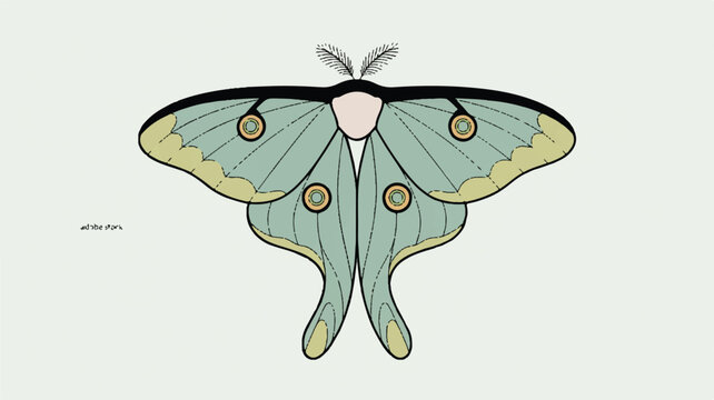 Green moth with yellow and black details on light gray background