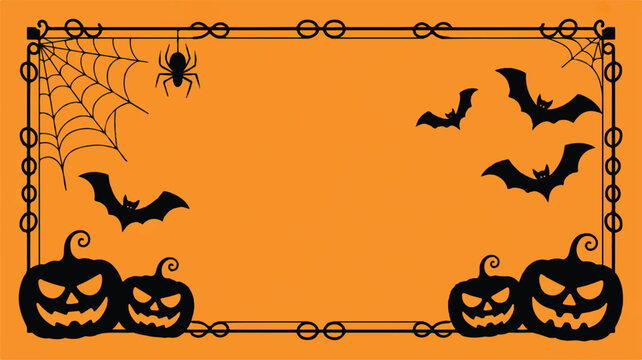Halloween themed border with pumpkins bats spider and web on orange background
