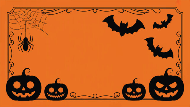 Halloween themed border with pumpkins bats spider and cobweb on orange background