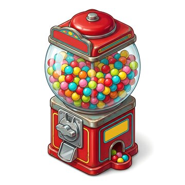Vibrant vintage red gumball machine filled with colorful round candies isolated on white background