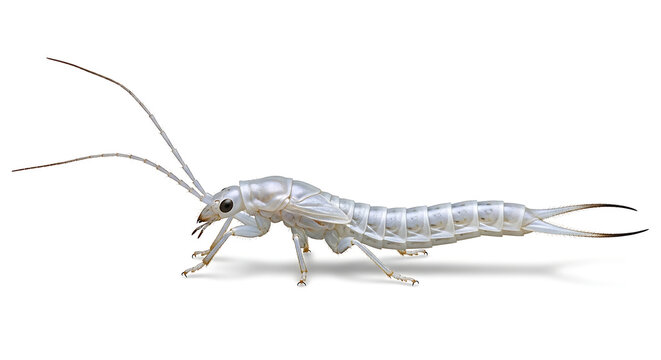 Isolated silverfish insect, white background, macro detail