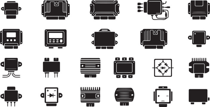 Engine Control Unit and Regulator Rectifier Icon Set Automotive ECU and Voltage Management Silhouettes