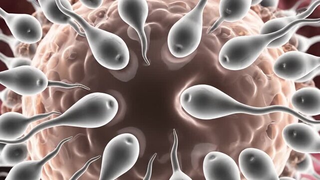Microscopic view of sperm cells surrounding and attempting to fertilize an egg cell.