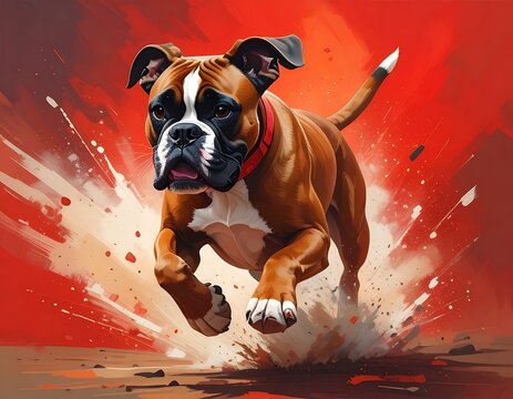 Boxer dog running with energy explosion.