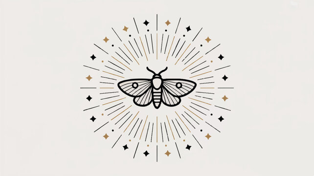 Moth surrounded by lines and stars on neutral background