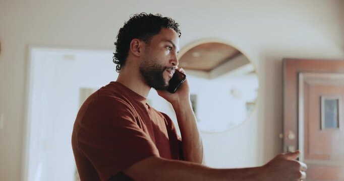 Happy, man and remote work with phone call at house for discussion, confirm schedule and reporter. Male person, mobile and conversation for editor feedback, contact source and publication information