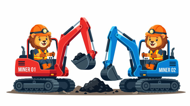 Industrious cartoon lion characters, depicted as skilled miners in safety gear, operating powerful excavators to extract resources from a dug pile, symbolizing diligent work