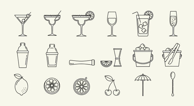 Set of Hand Drawn Cocktail Bar Icons and Bartending Tools