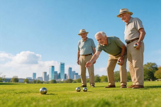Elderly men playing bocce ball outdoors