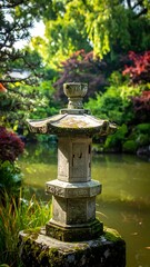 Obraz premium Japanese stone lantern in garden pond.