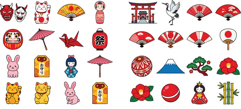 Japanese New Year and Festival Icon Set with Torii Gate, Maneki Neko, Daruma, Origami Crane, Kokeshi, Omamori, and Traditional Red Symbols
