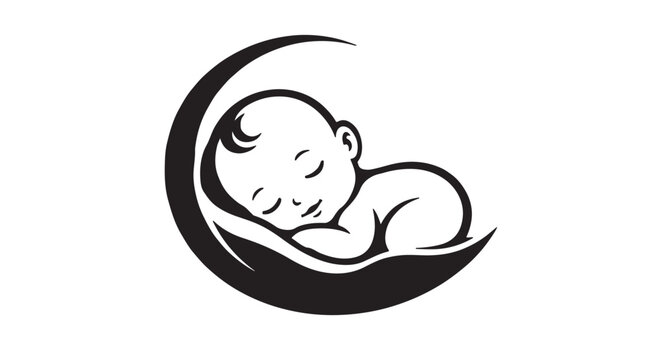 Elegant baby sleeping icon silhouette with smooth rounded minimal curves, isolated white background, premium monochrome childcare vector illustration, modern nursery branding concept