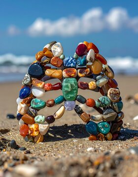 colorful stones stacked on sandy beach.