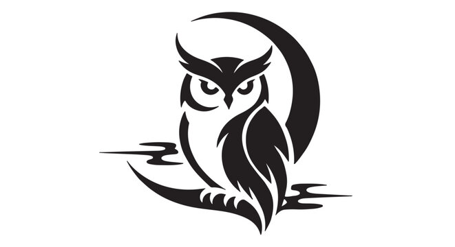 inimal black owl silhouette combined with crescent moon and mystery shadows, isolated white background, premium monochrome vector composition, modern mystical branding artwork, clean geometric contour