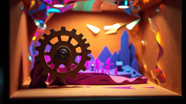 Miniature scene depicts stylized city, mountains, people. Large gear dominates foreground, vibrant colors present. Dramatic lighting creates depth.
