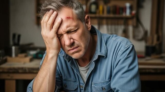Middle aged man with head injury in workshop suffering from headache or concussion after workplace accident, concept of industrial safety and construction site injury