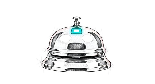 Shiny silver service bell with green button detail.