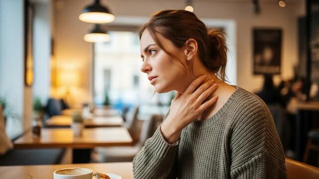 Young woman suffering from sore throat and neck pain sitting in a cafe, concept of illness and health issues in public places, female patient feeling unwell with throat infection