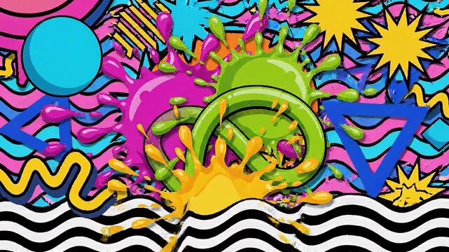 Colorful pop art background with splashes and geometric shapes