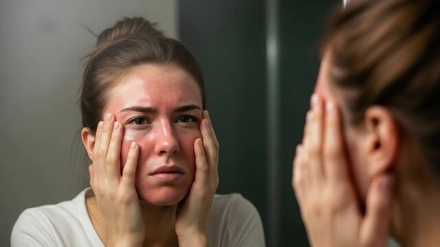 Young woman with sensitive skin looking in mirror at facial redness irritation and inflammation concept for skincare dermatology and beauty treatment