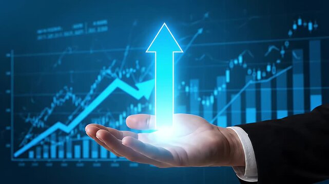 A businessman holds a glowing blue arrow of growth aloft in his open palm.