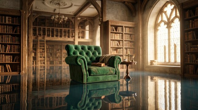 Green tufted armchair placed on reflective floor in a grand library with tall bookshelves and large arched windows allowing natural light to illuminate the space