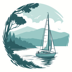 Naklejka premium Minimalist Teal Sailboat Illustration with Scenic Mountain Lake and Forest Background