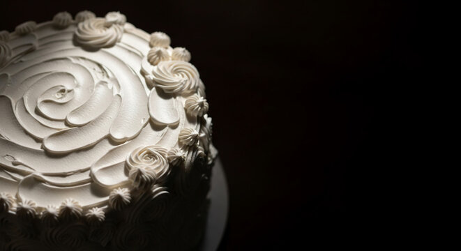 Cake with elegant white frosting and intricate swirls on dark background