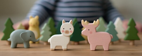 Fototapeta premium Wooden Animal Figurines and Toy Trees on Wooden Table With Child in Background for Eco Friendly Toy Wood Play and Natural Learning Lifestyle Concept