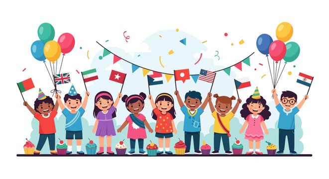 Diverse children from around the world holding international flags and colorful balloons, celebrating with cupcakes and festive bunting in a flat vector illustration on white background.