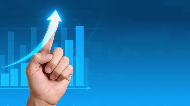 A finger points upwards on a glowing blue arrow superimposed over a subtle background of blue bar graphs, symbolizing growth and success.
