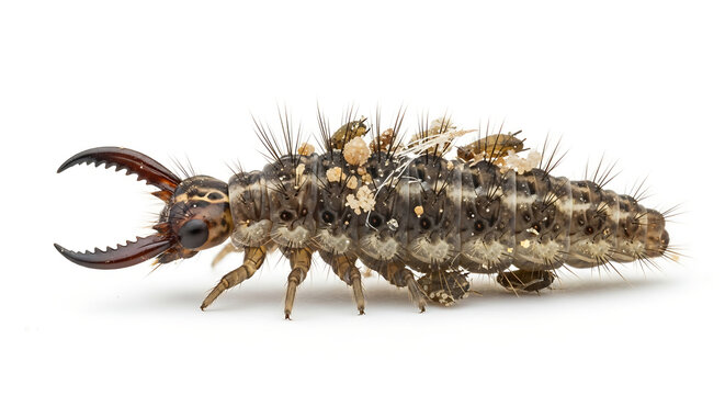 Close up of an antlion larva with sand and debris isolated on white background