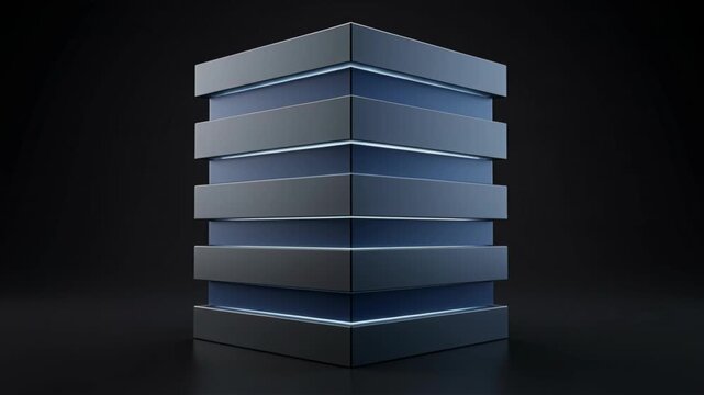 Quantum Layer Stack with Metallic Blue Panels on Dark Background