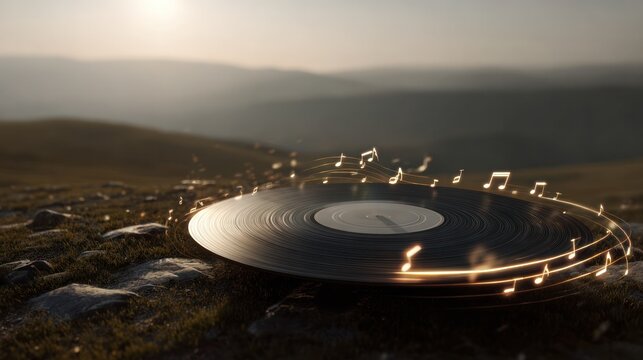 Vinyl Record in Nature: A vinyl record rests on a rocky landscape with musical notes swirling around it, set against a backdrop of rolling hills and a soft sunset.