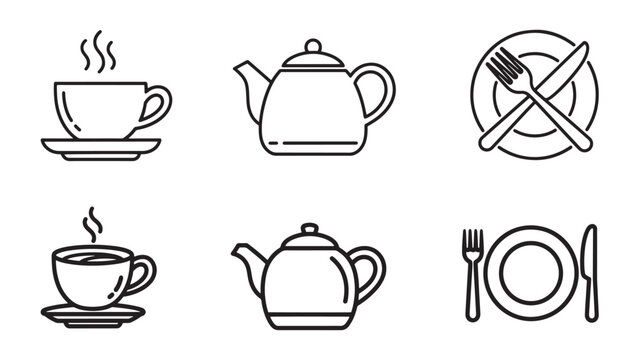 Minimal line icons of tea cup teapot and place setting on dark background