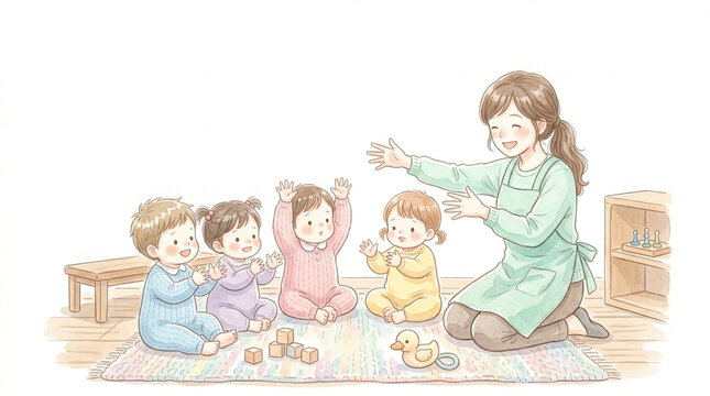 保育園でお遊戯や手遊びをする子どもたちと先生のイラスト 集団生活 水彩画 パステルカラー 白背景