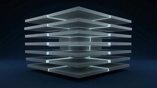 Quantum Layer Stack Abstract Geometric Structure with Floating Metallic Panels