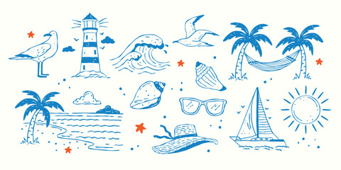 Seaside hand drawn doodle icons set. Vector summer vacation elements including seagull, lighthouse, waves, shells, hammock, beach hat, sunglasses, yacht, sun and shore © Irina Khovanskaya