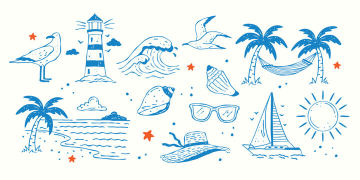 Seaside hand drawn doodle icons set. Vector summer vacation elements including seagull, lighthouse, waves, shells, hammock, beach hat, sunglasses, yacht, sun and shore