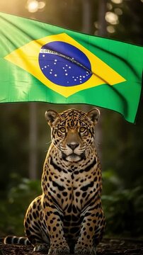 Majestic Jaguar Portrait with Brazilian Flag Background Symbolizing Wildlife Conservation and National Pride in South American Rainforest Ecosystems