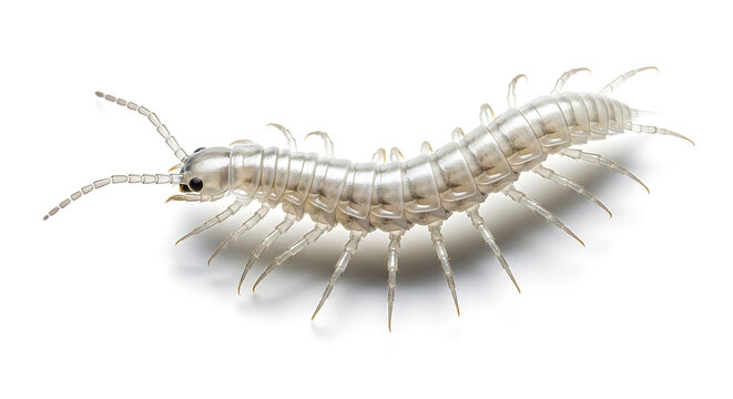 Detailed macro capture of a small, pale multi-legged invertebrate, isolated on a white background
