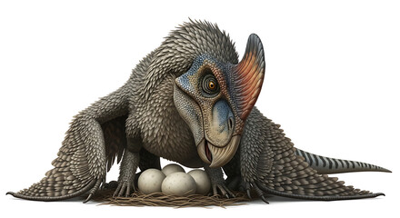 Fototapeta premium Prehistoric Creature with Feathers Nestled with Eggs, Artistic Representation