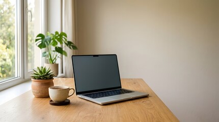 Fototapeta premium Laptop sits on desk near window next to plants and coffee cup indoors
