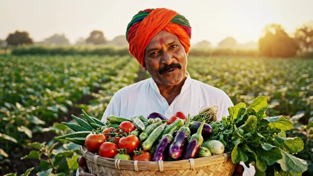 Smiling Indian Farmer with Fresh Harvest