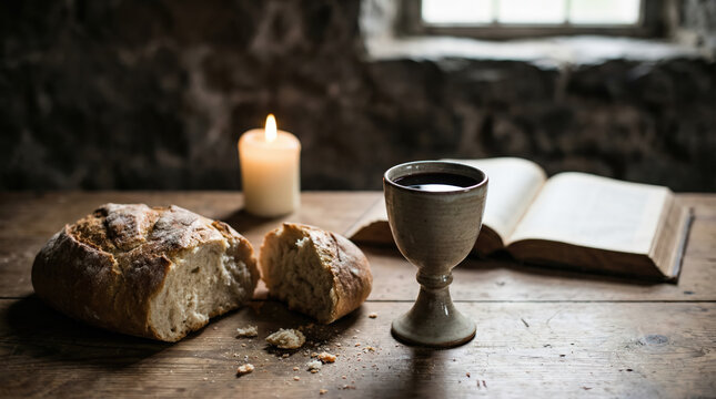 Bread and a silver chalice of red wine on a rustic wooden table with candles in the background, a biblical concept of the Last Supper and Holy Communion