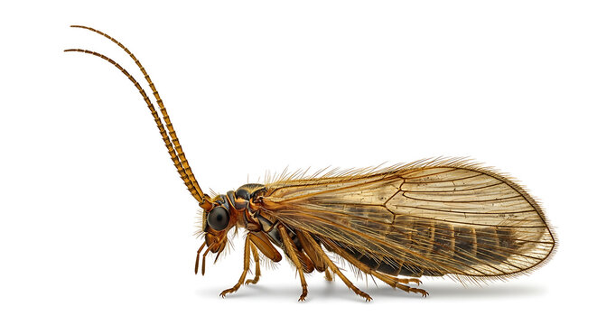 Detailed close-up of a brown caddisfly insect, with long antennae, isolated on a white background