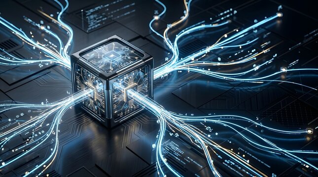 A glowing cube with blue circuits radiates light on a dark technological background with image 070