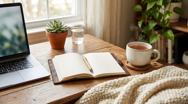 A cozy home workspace setup with laptop, notebook, and coffee on a wooden desk near a sunny window with a plant.